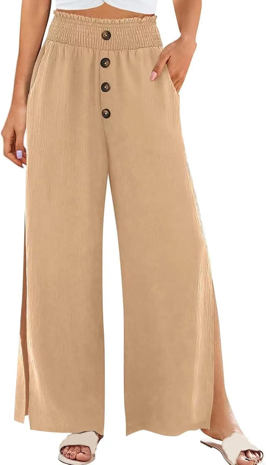 PTOLOCIF Petite Linen Pants for Women Lightweight Summer Relax Fit Pants Elastic Waist Plus Size Lounge Long Trousers