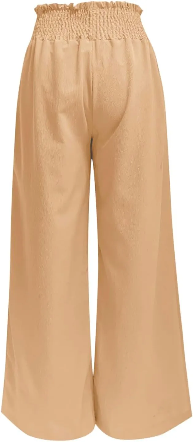 PTOLOCIF Petite Linen Pants for Women Lightweight Summer Relax Fit Pants Elastic Waist Plus Size Lounge Long Trousers