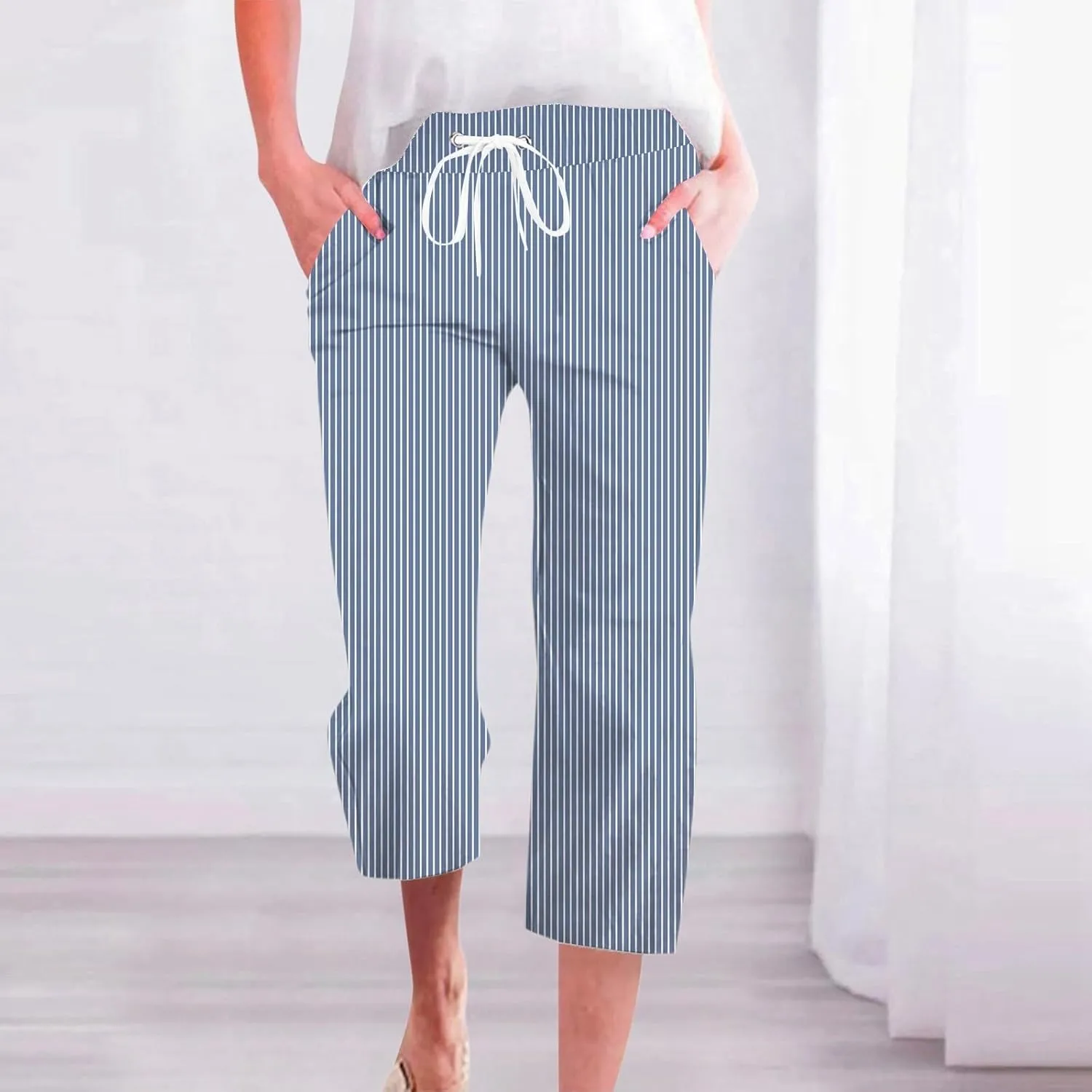PTOLOCIF Womens Cotton Linen Pants Drawstring Back Elastic Waist Pants High Waist Casual Lounge Trousers with Pockets