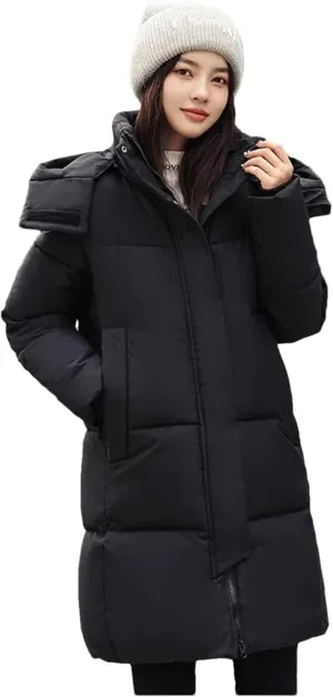 Pulcykp Women Thickend Down Cotton Jacket Winter Warm Mid-Length Cotton-Padded Warm Coat