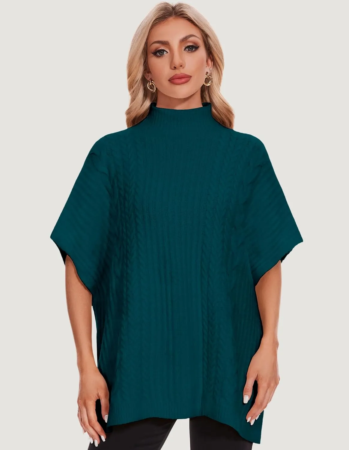 PULI Womens Cable Knit Mock Neck Poncho Sweater Chunky Warm Shawls Sleeveless Pullover Cloak for Fall Winter