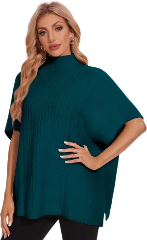 PULI Womens Cable Knit Mock Neck Poncho Sweater Chunky Warm Shawls Sleeveless Pullover Cloak for Fall Winter