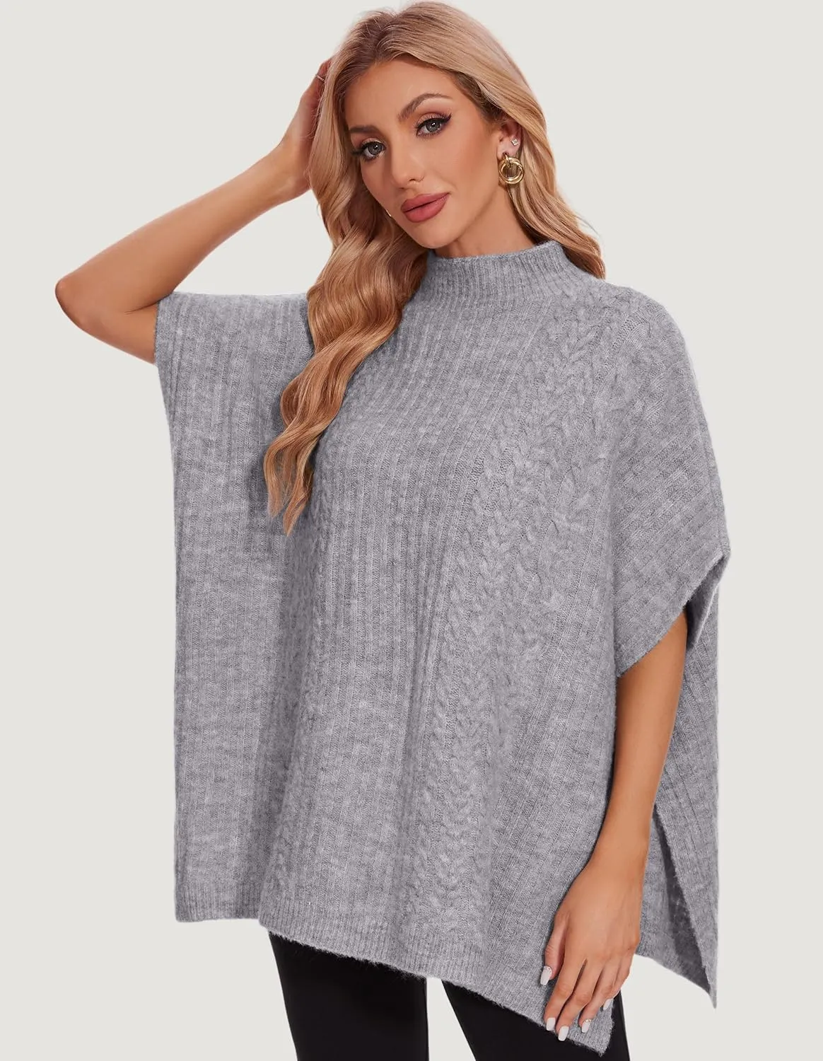 PULI Womens Cable Knit Mock Neck Poncho Sweater Chunky Warm Shawls Sleeveless Pullover Cloak for Fall Winter