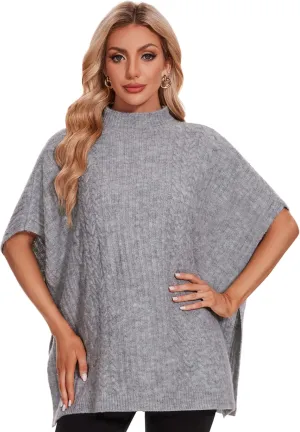 PULI Womens Cable Knit Mock Neck Poncho Sweater Chunky Warm Shawls Sleeveless Pullover Cloak for Fall Winter