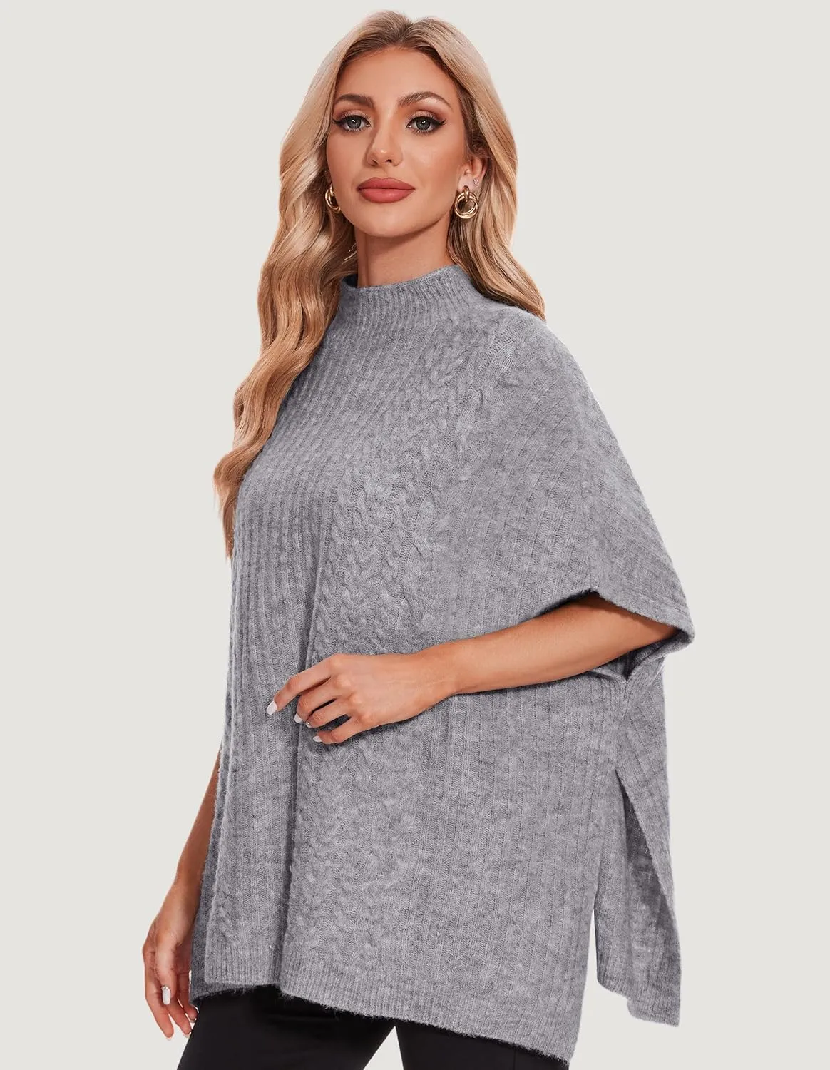 PULI Womens Cable Knit Mock Neck Poncho Sweater Chunky Warm Shawls Sleeveless Pullover Cloak for Fall Winter