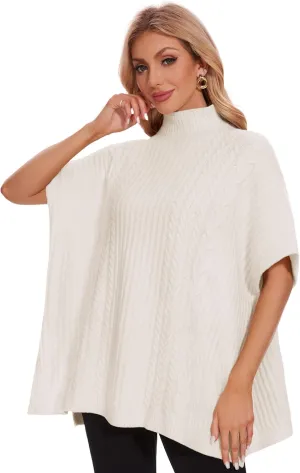PULI Womens Cable Knit Mock Neck Poncho Sweater Chunky Warm Shawls Sleeveless Pullover Cloak for Fall Winter