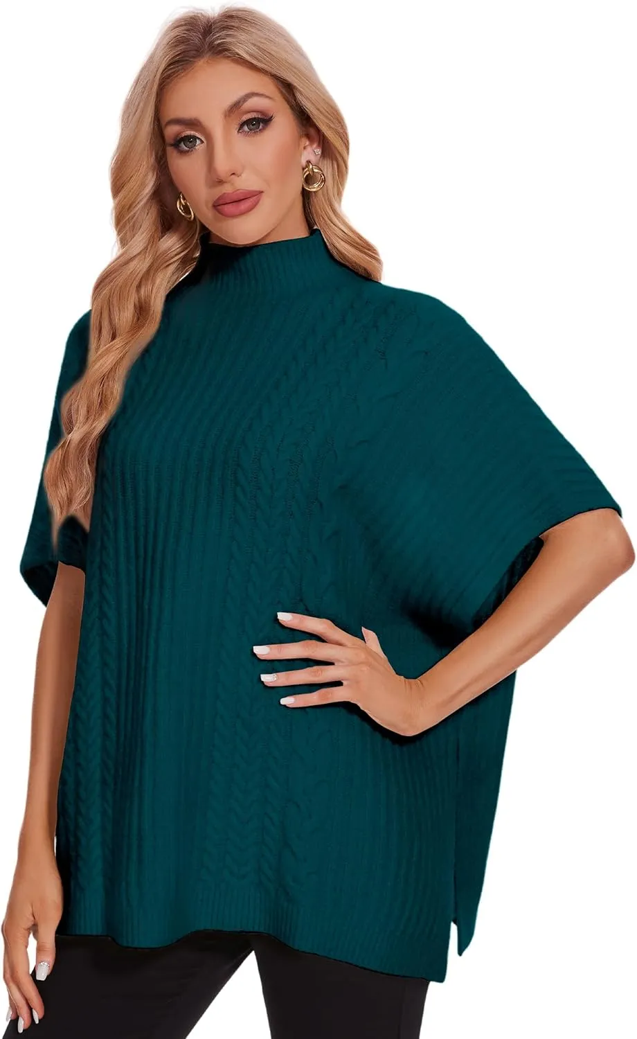 PULI Womens Cable Knit Mock Neck Poncho Sweater Chunky Warm Shawls Sleeveless Pullover Cloak for Fall Winter