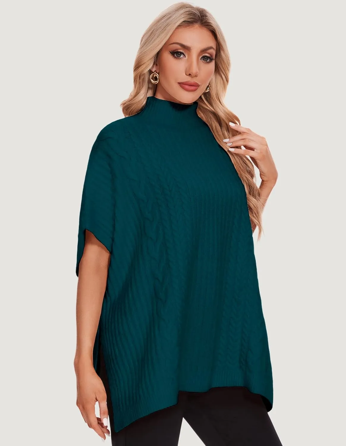 PULI Womens Cable Knit Mock Neck Poncho Sweater Chunky Warm Shawls Sleeveless Pullover Cloak for Fall Winter