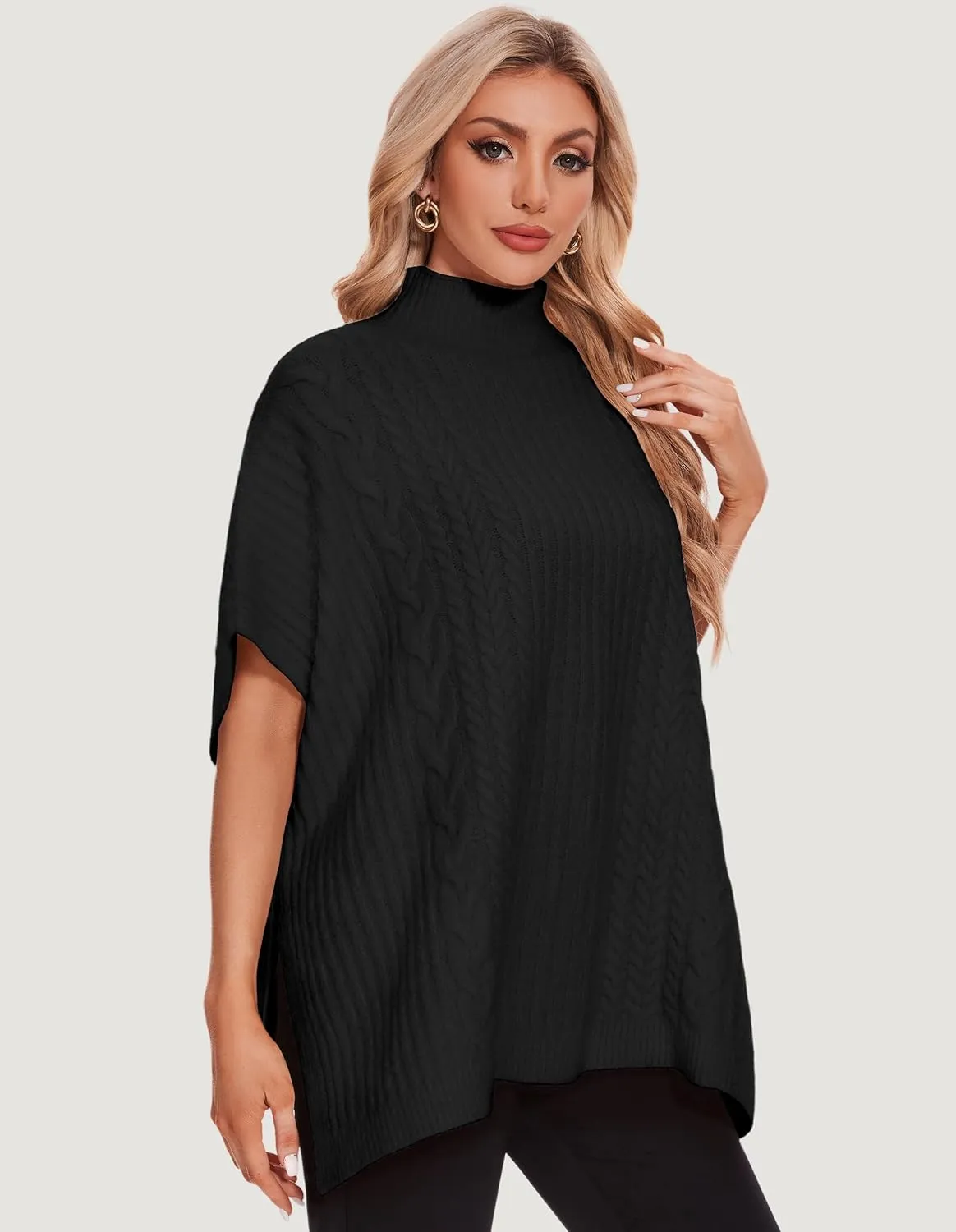 PULI Womens Cable Knit Mock Neck Poncho Sweater Chunky Warm Shawls Sleeveless Pullover Cloak for Fall Winter