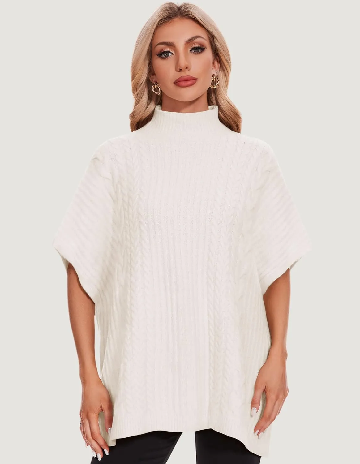 PULI Womens Cable Knit Mock Neck Poncho Sweater Chunky Warm Shawls Sleeveless Pullover Cloak for Fall Winter