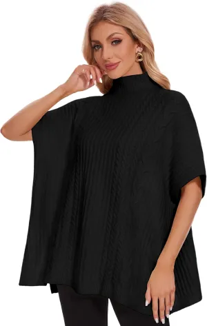 PULI Womens Cable Knit Mock Neck Poncho Sweater Chunky Warm Shawls Sleeveless Pullover Cloak for Fall Winter