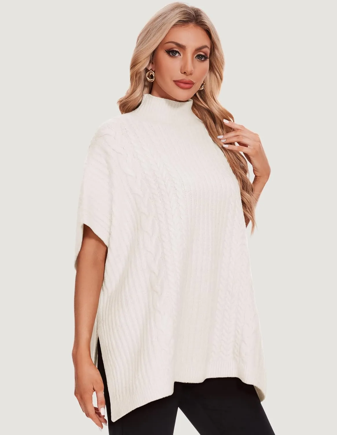 PULI Womens Cable Knit Mock Neck Poncho Sweater Chunky Warm Shawls Sleeveless Pullover Cloak for Fall Winter