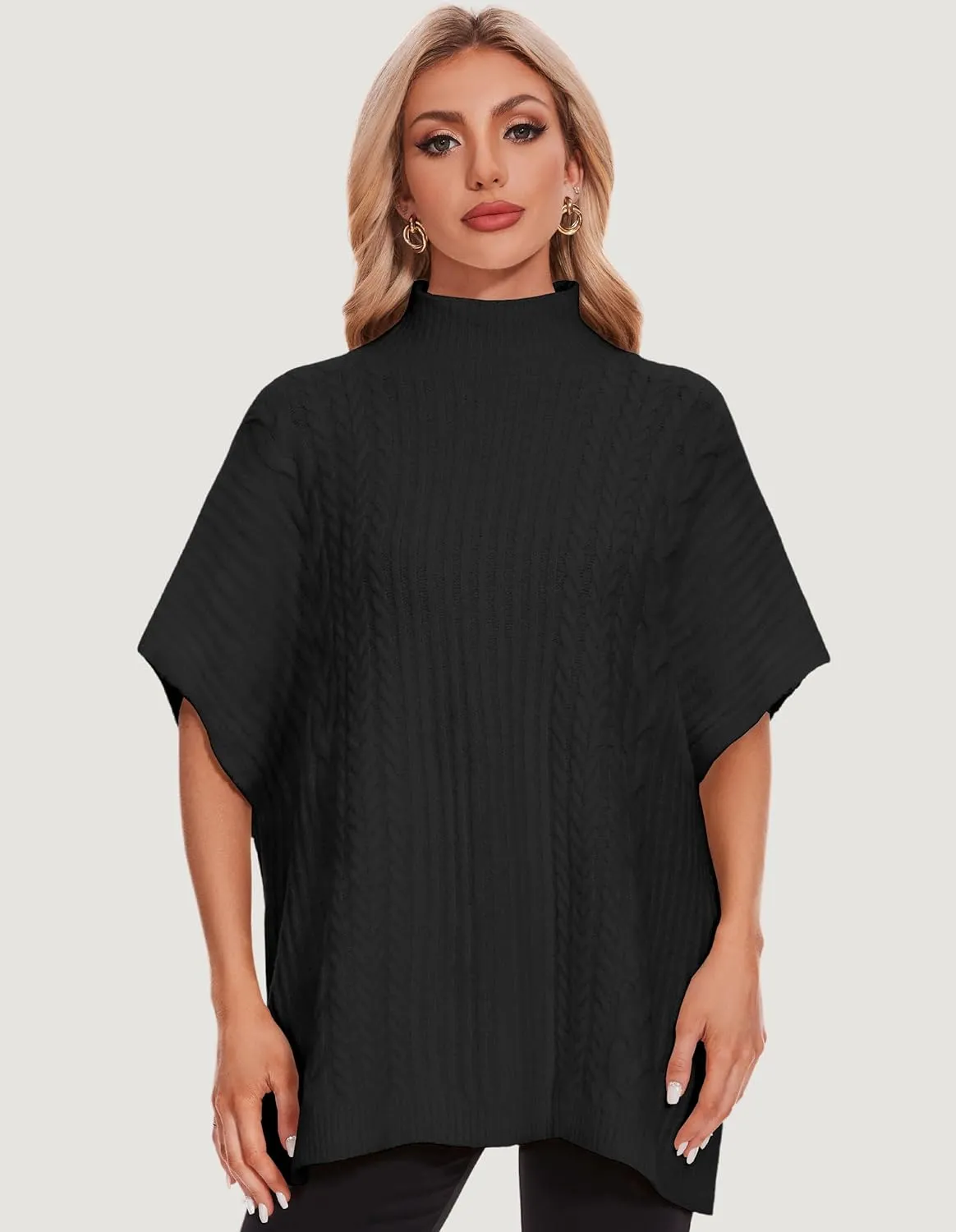 PULI Womens Cable Knit Mock Neck Poncho Sweater Chunky Warm Shawls Sleeveless Pullover Cloak for Fall Winter