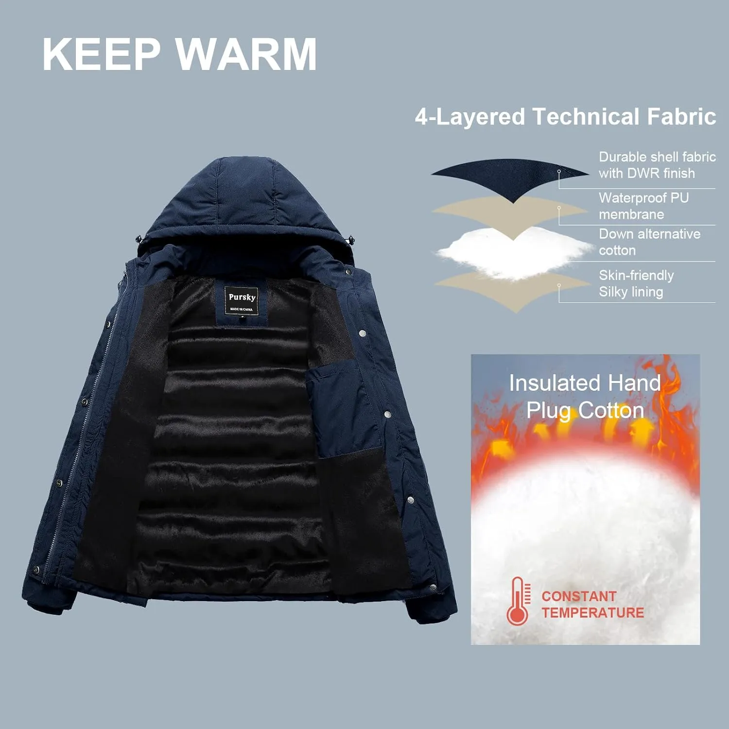 Pursky Women's Warm Winter Thicken Coat Waterproof Cropped Jackets Parka With Removable Hood