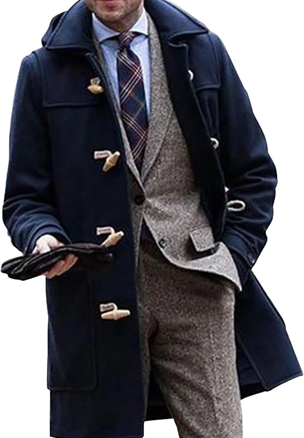 Raboolion Men's Duffle Lapel Trench Coat Windproof Hoodie Mid Long Thermal Overcoat for Fall Winter