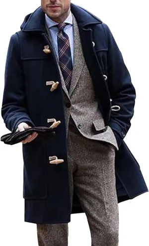Raboolion Men's Duffle Lapel Trench Coat Windproof Hoodie Mid Long Thermal Overcoat for Fall Winter