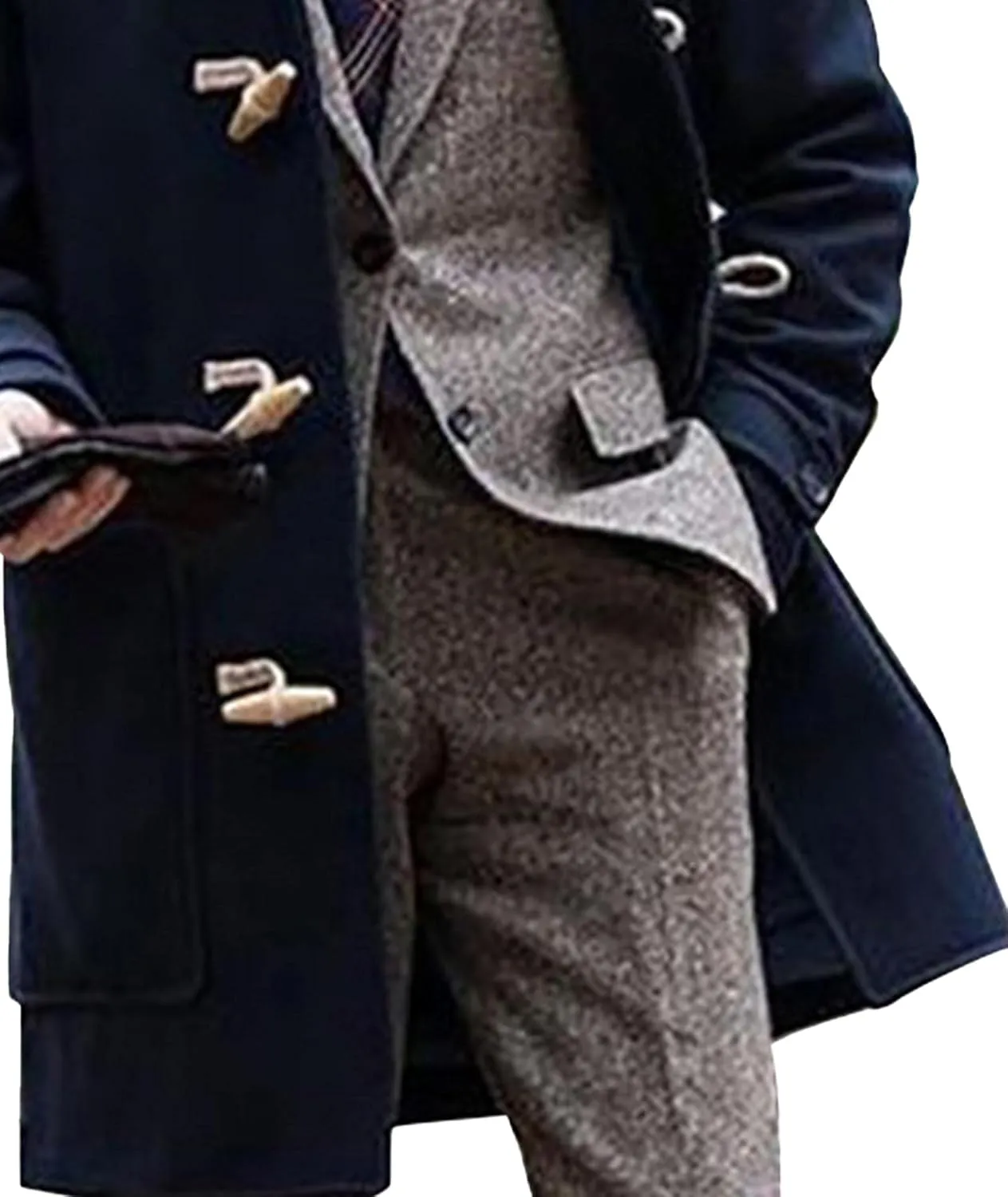 Raboolion Men's Duffle Lapel Trench Coat Windproof Hoodie Mid Long Thermal Overcoat for Fall Winter