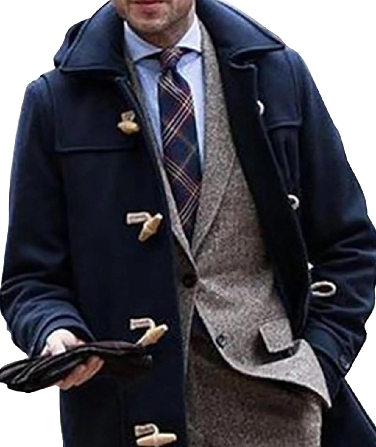 Raboolion Men's Duffle Lapel Trench Coat Windproof Hoodie Mid Long Thermal Overcoat for Fall Winter