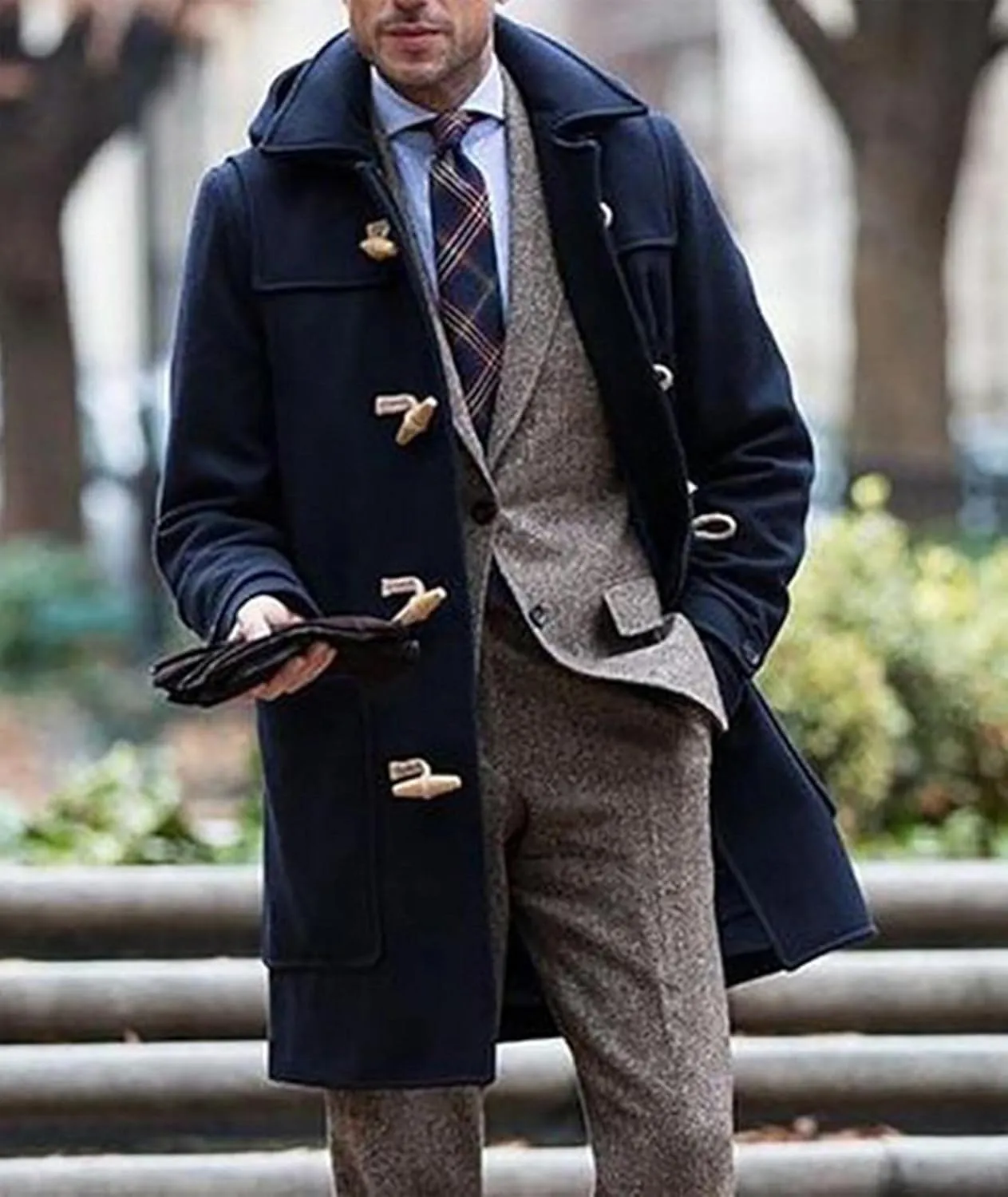 Raboolion Men's Duffle Lapel Trench Coat Windproof Hoodie Mid Long Thermal Overcoat for Fall Winter