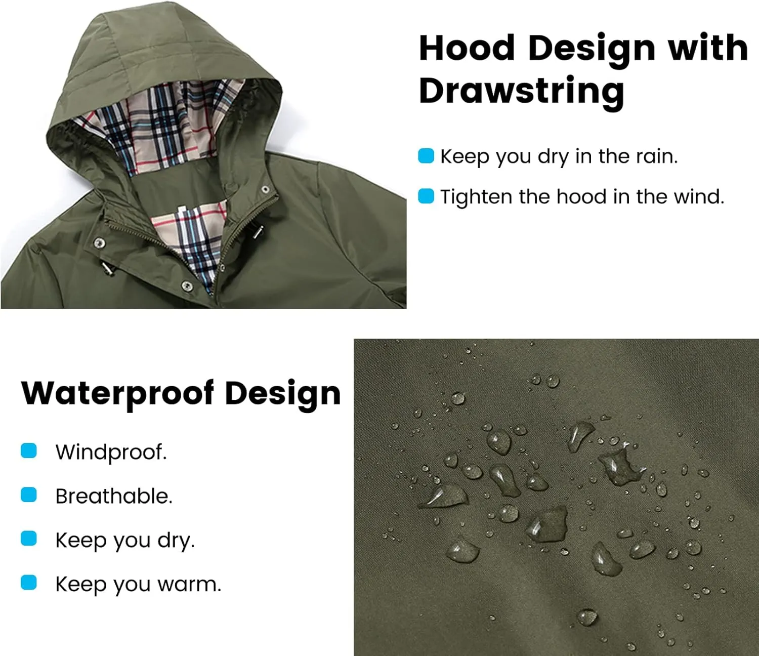 Rain Coat for Women Waterproof with Hood Lightweight Women's Rain Jacket Outdoor Trench Windbreaker Long Raincoats