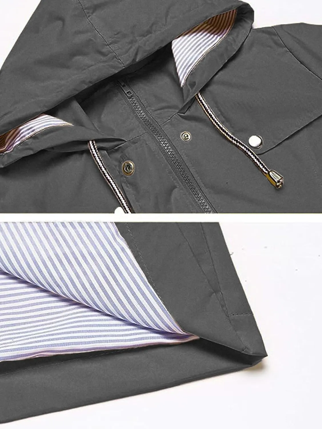 Rain Jacket Women Striped Lined Hooded Lightweight Raincoat Outdoor Waterproof Windbreaker