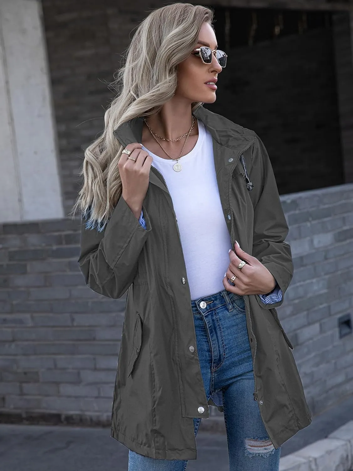 Rain Jacket Women Striped Lined Hooded Lightweight Raincoat Outdoor Waterproof Windbreaker