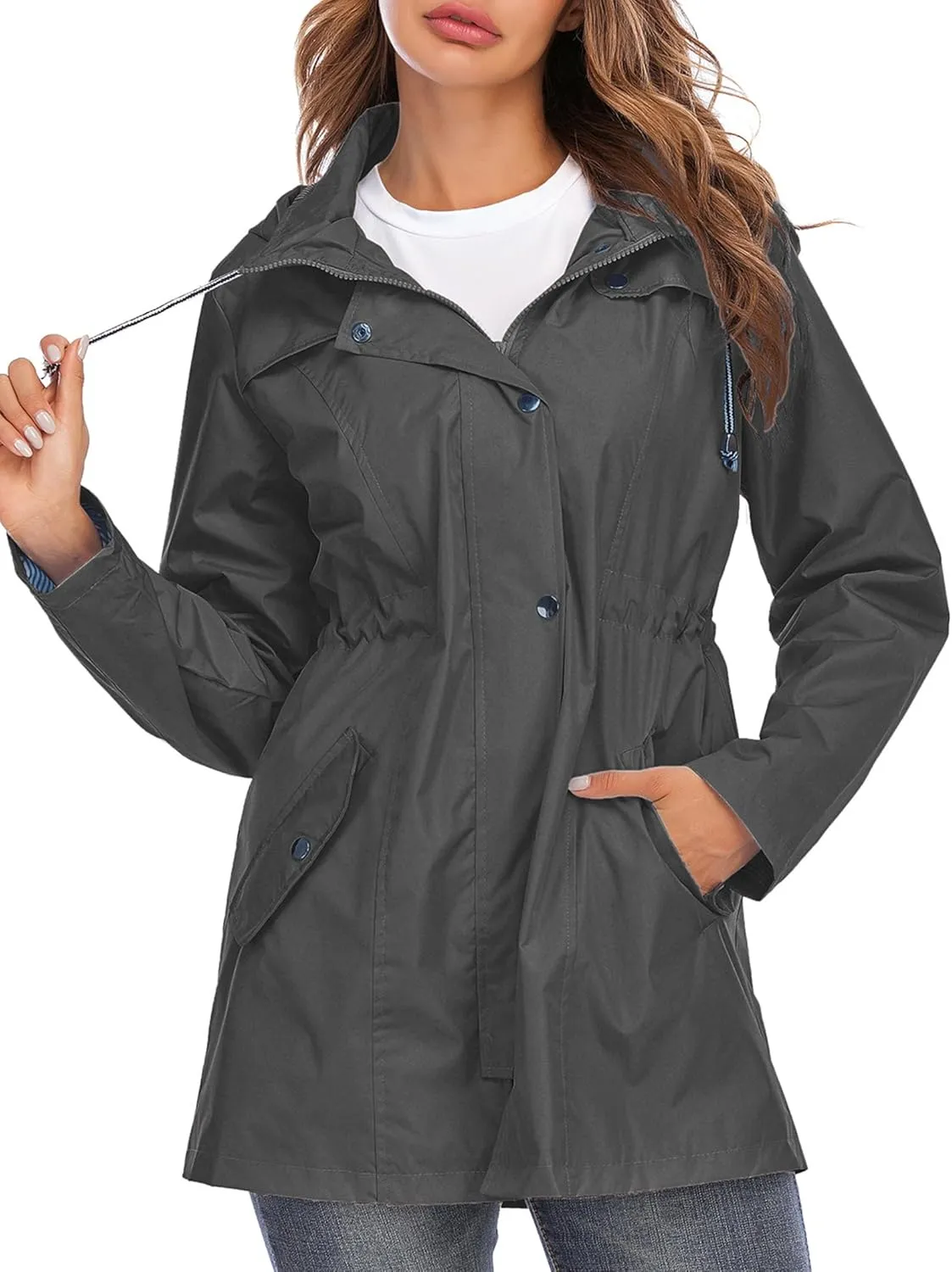 Rain Jacket Women Striped Lined Hooded Lightweight Raincoat Outdoor Waterproof Windbreaker