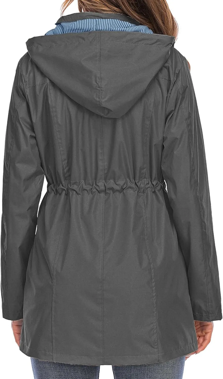 Rain Jacket Women Striped Lined Hooded Lightweight Raincoat Outdoor Waterproof Windbreaker