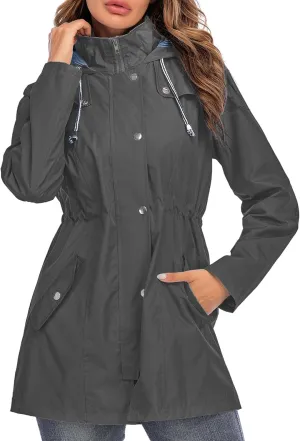 Rain Jacket Women Striped Lined Hooded Lightweight Raincoat Outdoor Waterproof Windbreaker