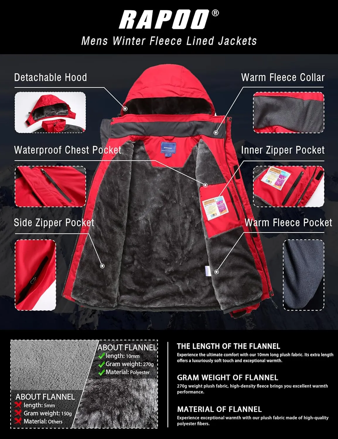 Rapoo Men's Winter Ski Snow Jacket Mountain Waterproof Windproof Rain Jacket