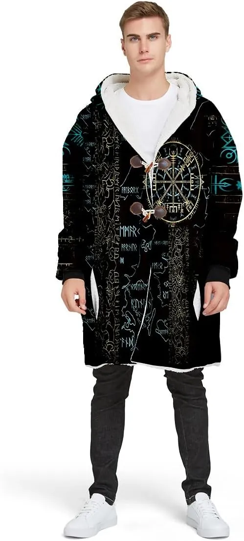 Raven Viking Tattoo Symbol 3D Printed Thick Warm Hooded Cloak Men Overcoat Windproof Fleece Jacket