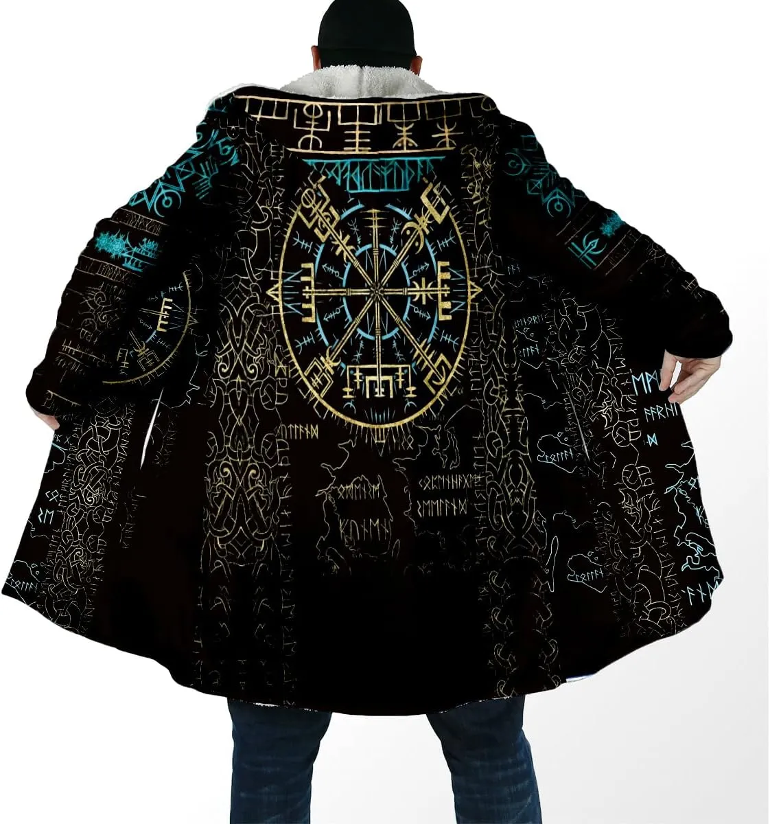 Raven Viking Tattoo Symbol 3D Printed Thick Warm Hooded Cloak Men Overcoat Windproof Fleece Jacket