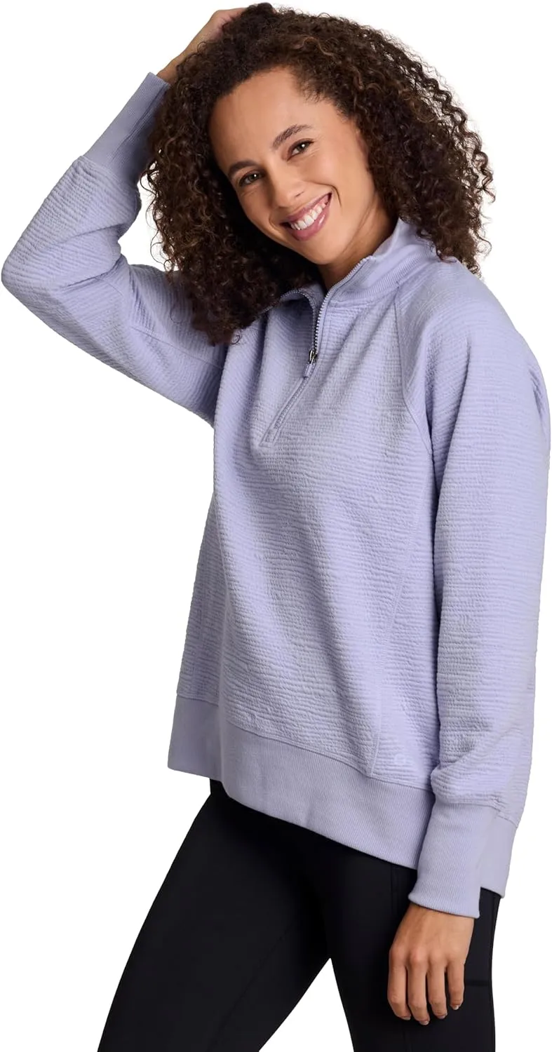 RBX Activewear Women's Quarter Zip Sweatshirt, Textured Cotton Blend 1/4 Zip Running Top Zip Mock Neck Pullover Sweater