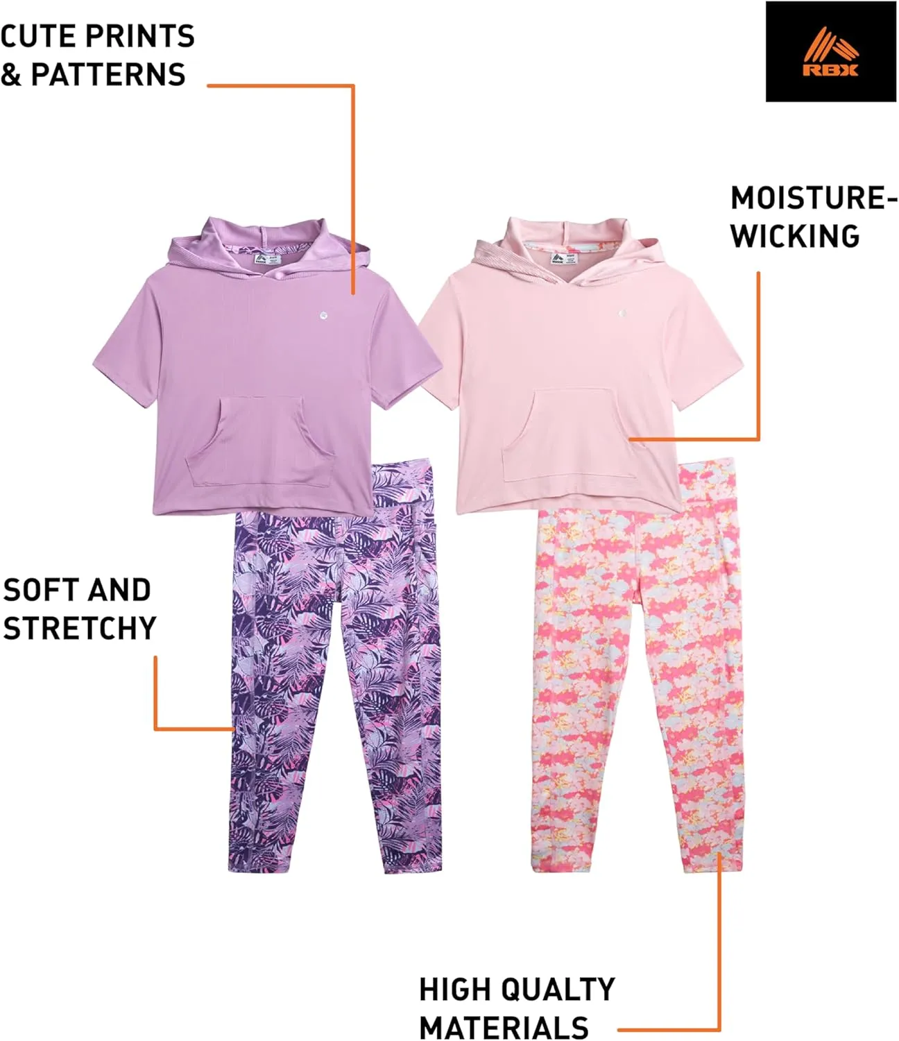 RBX Girls Active Set  Performance Short Sleeve T-Shirt, Capri Yoga Pants Leggings Set (4 Pack)
