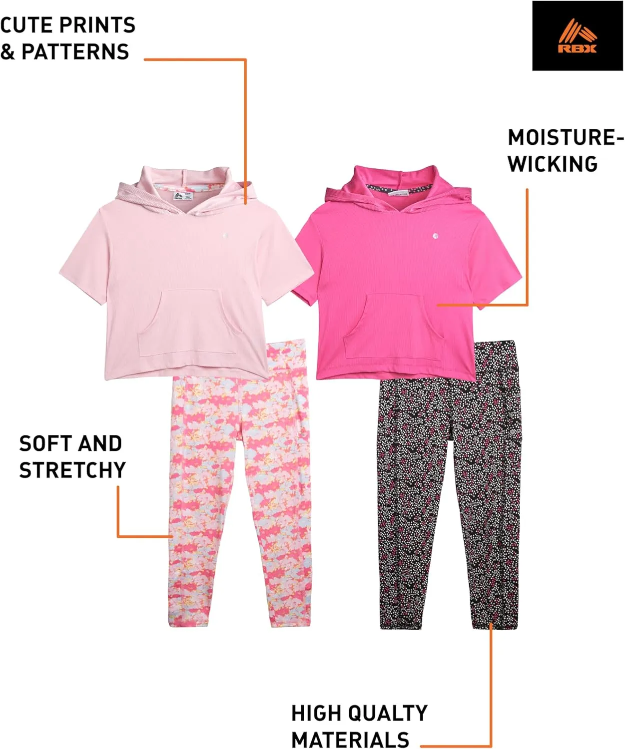 RBX Girls Active Set  Performance Short Sleeve T-Shirt, Capri Yoga Pants Leggings Set (4 Pack)