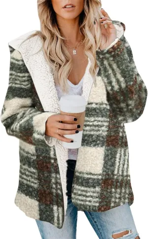 ReachMe Womens Sherpa Jacket Oversized Fleece Jacket Teddy Coats with Pockets Open Front Hooded Fuzzy Cardigan