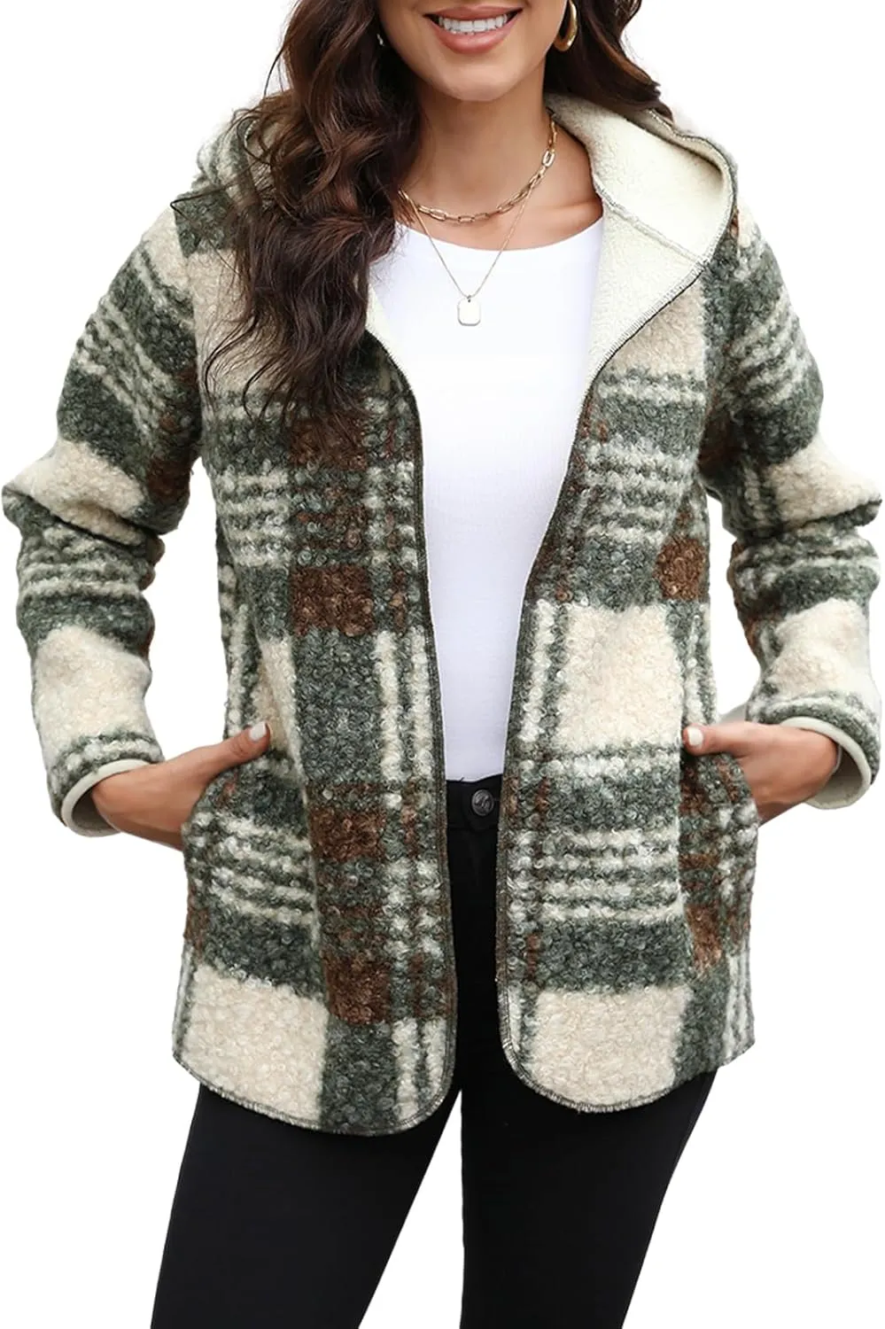 ReachMe Womens Sherpa Jacket Oversized Fleece Jacket Teddy Coats with Pockets Open Front Hooded Fuzzy Cardigan