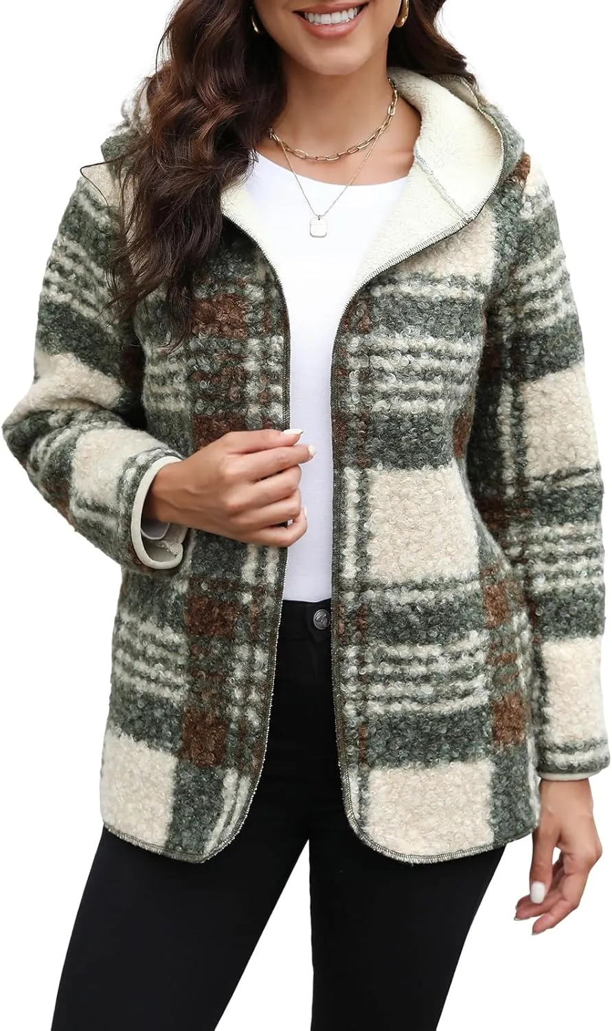 ReachMe Womens Sherpa Jacket Oversized Fleece Jacket Teddy Coats with Pockets Open Front Hooded Fuzzy Cardigan