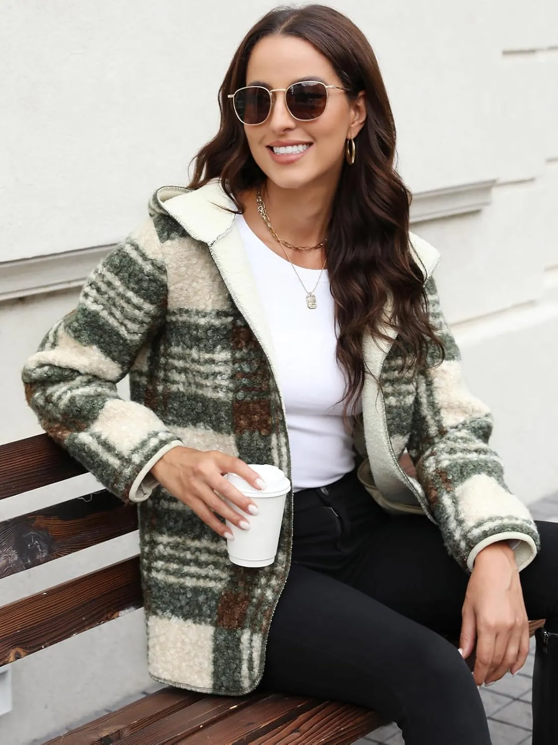 ReachMe Womens Sherpa Jacket Oversized Fleece Jacket Teddy Coats with Pockets Open Front Hooded Fuzzy Cardigan