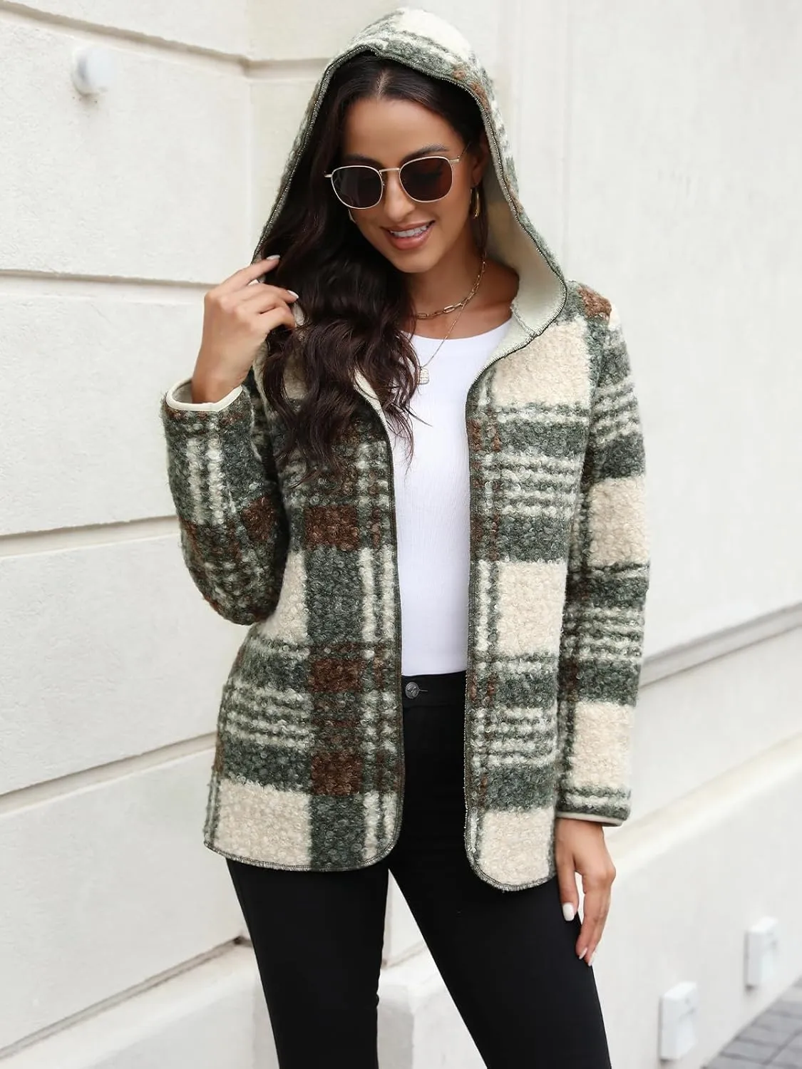 ReachMe Womens Sherpa Jacket Oversized Fleece Jacket Teddy Coats with Pockets Open Front Hooded Fuzzy Cardigan