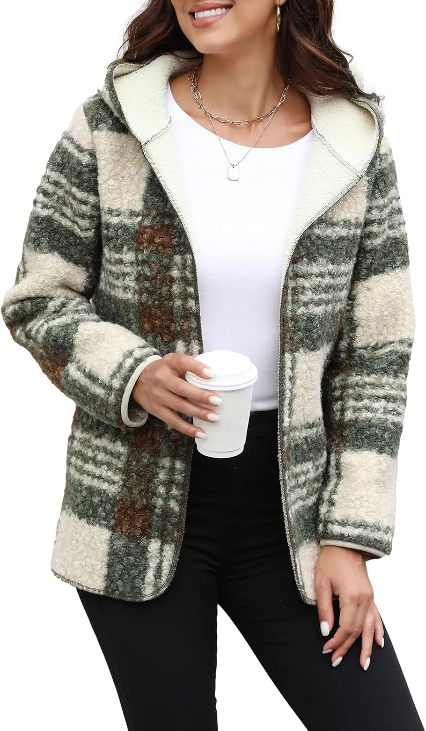 ReachMe Womens Sherpa Jacket Oversized Fleece Jacket Teddy Coats with Pockets Open Front Hooded Fuzzy Cardigan