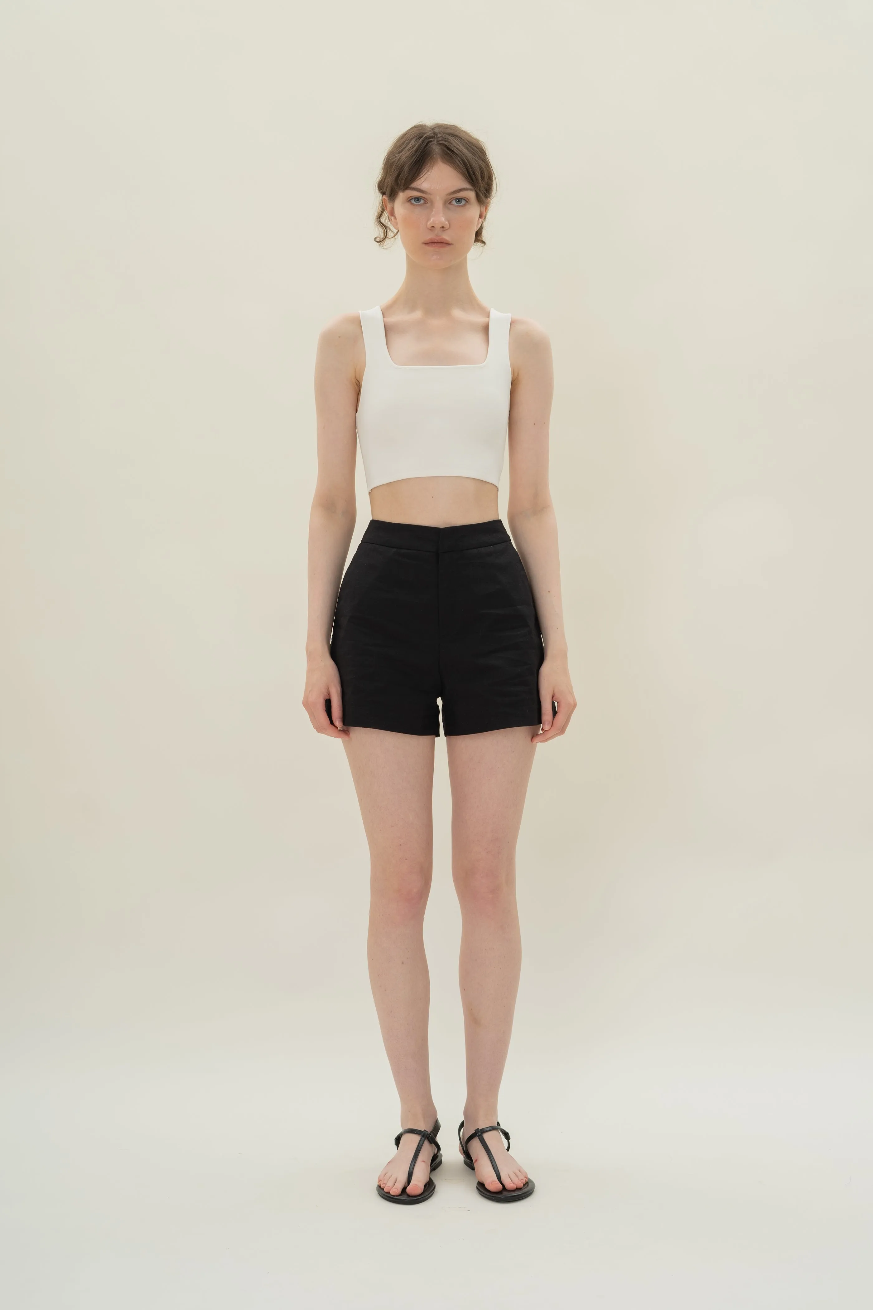 Relaxed Textured Linen Shorts in Black