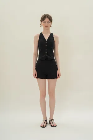 Relaxed Textured Linen Shorts in Black