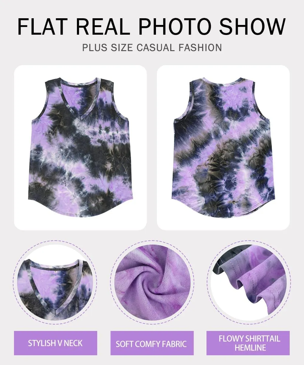 RITERA Plus Size Tank Tops for Women Tie Dye V Neck Sleeveless Shirt Casual Basic Muticolor Oversized Tanks XL-5XL