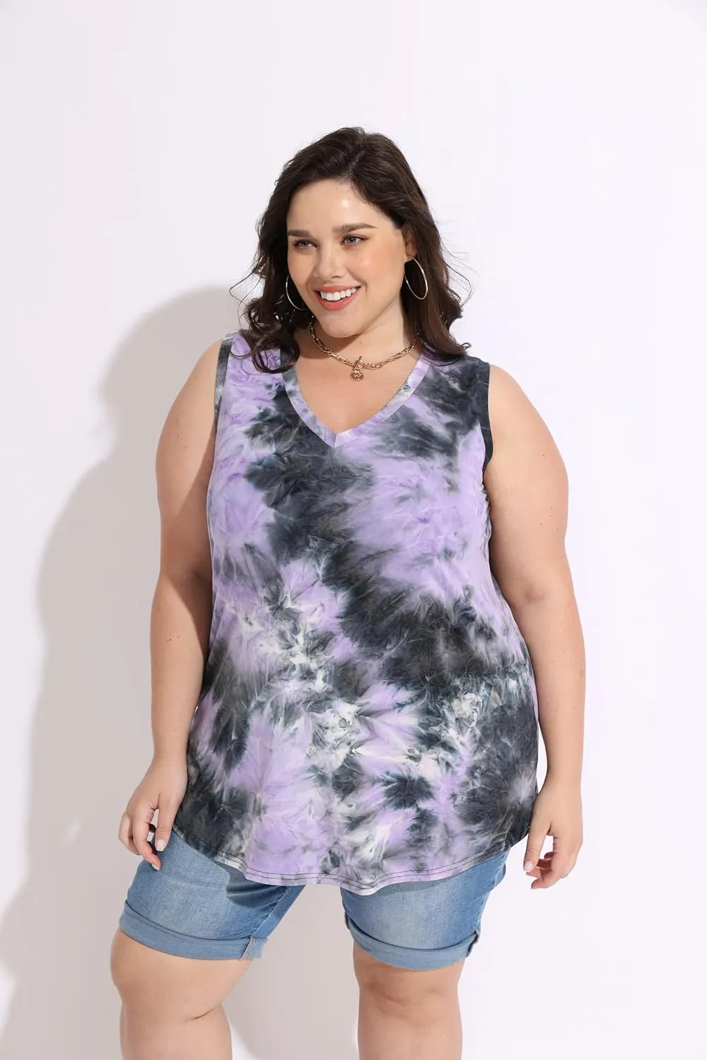 RITERA Plus Size Tank Tops for Women Tie Dye V Neck Sleeveless Shirt Casual Basic Muticolor Oversized Tanks XL-5XL