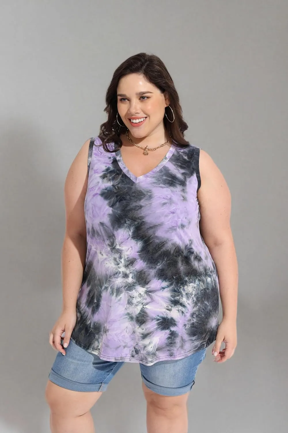 RITERA Plus Size Tank Tops for Women Tie Dye V Neck Sleeveless Shirt Casual Basic Muticolor Oversized Tanks XL-5XL