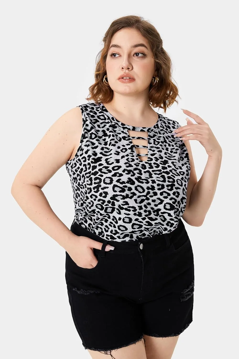 RITERA Plus Size Tank Tops for Women V/Round Neck Summer Sleeveless Basic Pleated Shirt Keyhole Tank XL-5XL