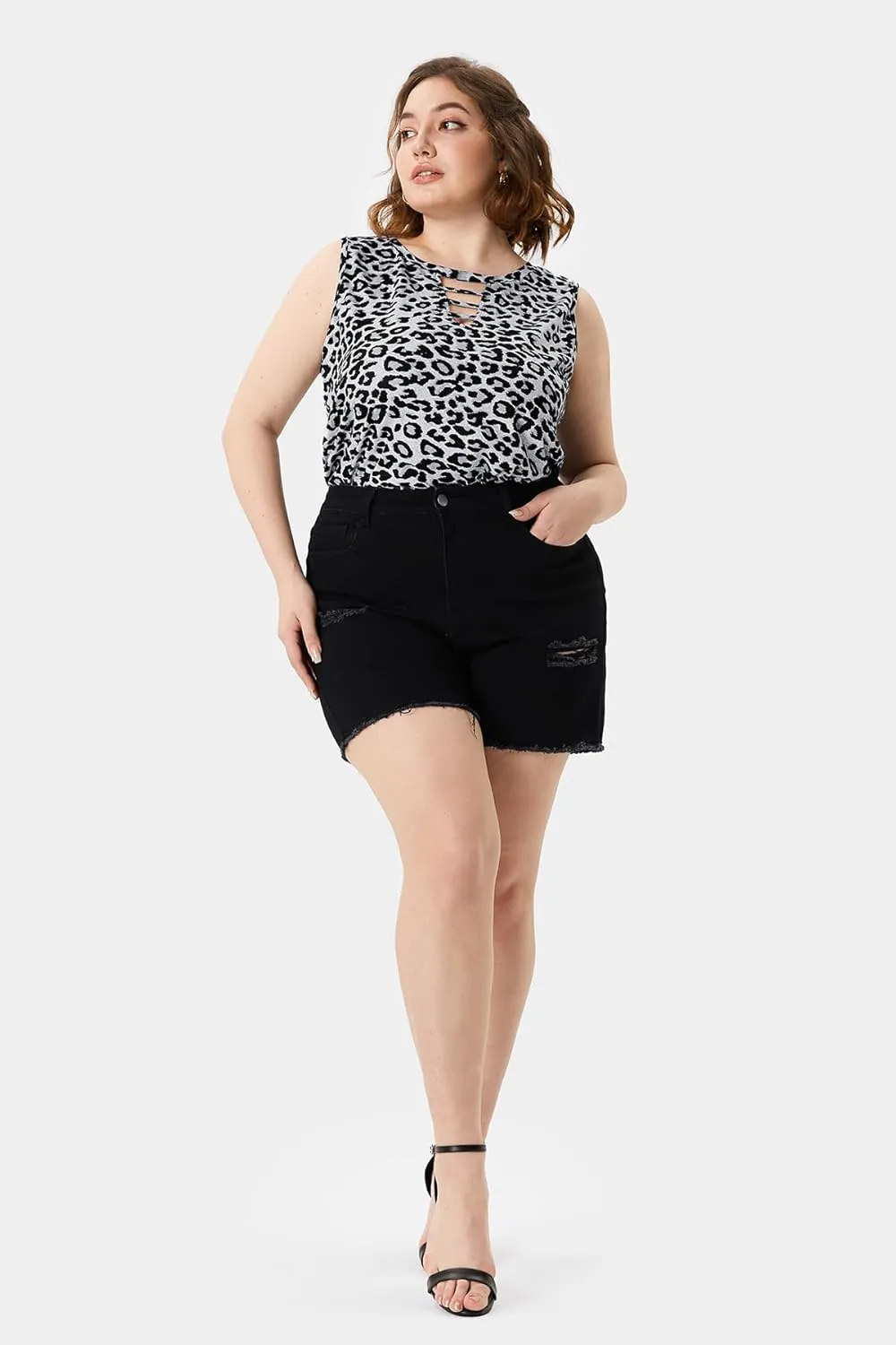 RITERA Plus Size Tank Tops for Women V/Round Neck Summer Sleeveless Basic Pleated Shirt Keyhole Tank XL-5XL