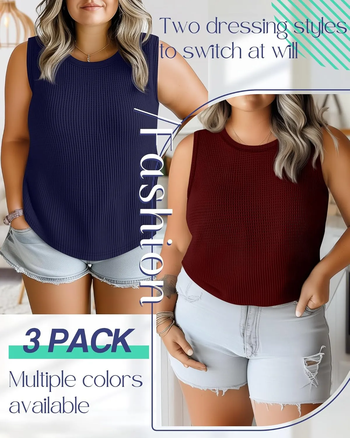 Riyiper 3 Pack Women's Plus Size Tank Tops, Waffle Knit Crew Neck Sleeveless Shirts Summer Casual Loose Curved Hem Tunic Tops