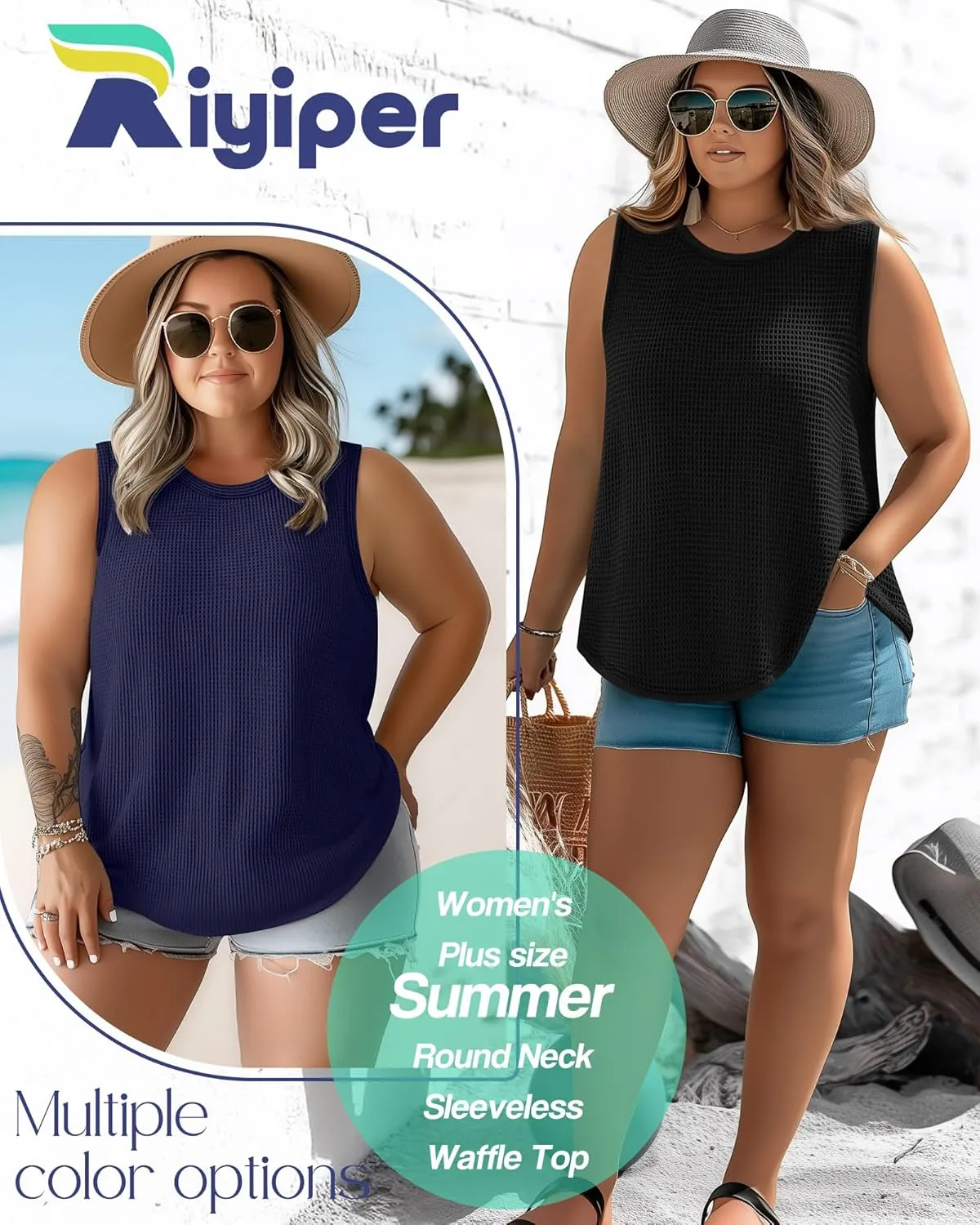 Riyiper 3 Pack Women's Plus Size Tank Tops, Waffle Knit Crew Neck Sleeveless Shirts Summer Casual Loose Curved Hem Tunic Tops